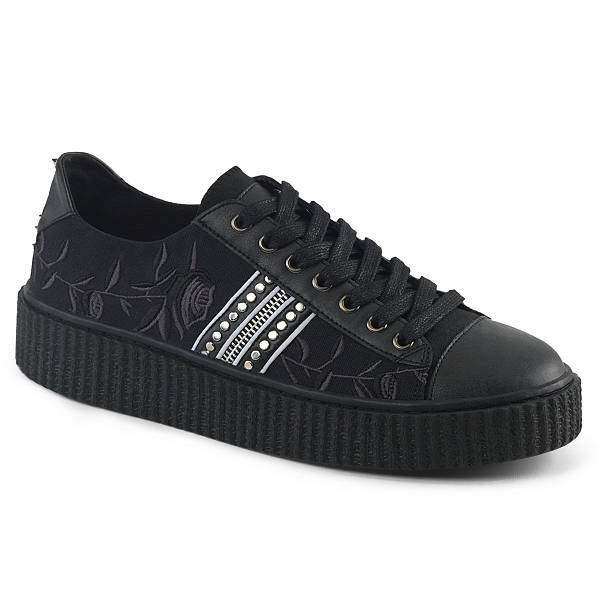 Demonia Sneeker-106 Black Canvas/Black Faux Leather Schuhe Damen D638-219 Gothic Sneakers Schwarz Deutschland SALE